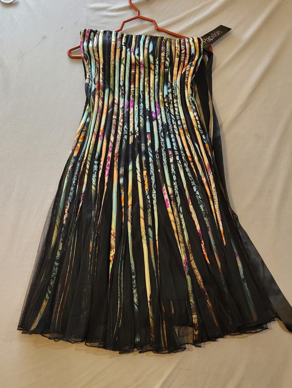 Papillon Blanc Black Strapless Pleated Dress with Multi-Color Stripes
